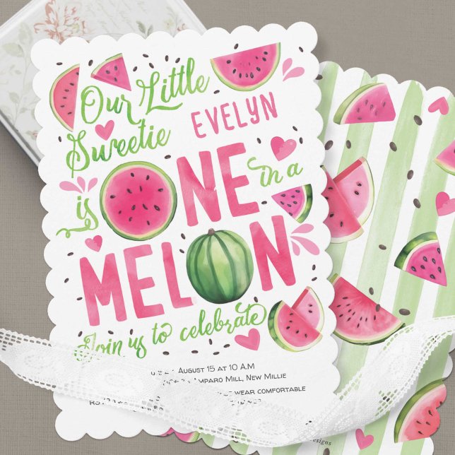 Rosa em Melão, Fruta de Verão, Garota 1rua (Summer Bright Pink Watercolor One In a Melon, Watercolor Themed Girl 1st Birthday Invitation.)