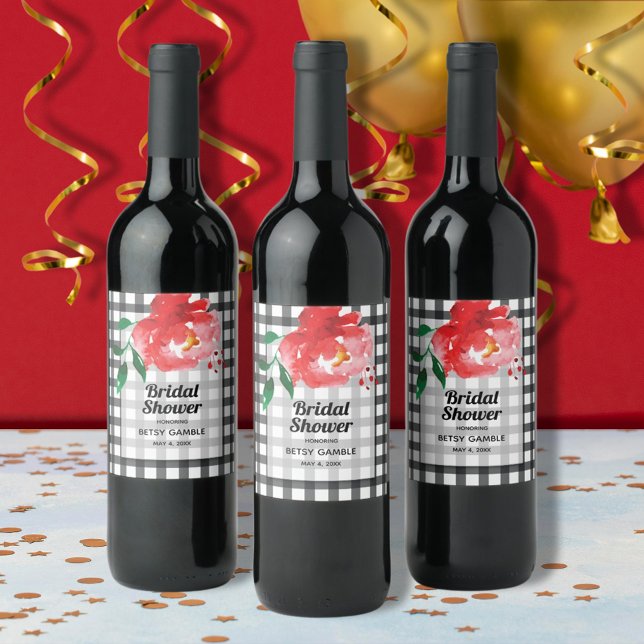 Rosa em rótulos de vinho de verificação em preto e (Red rose on black and white gingham bridal shower wine bottle labels)