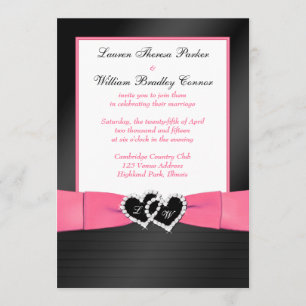 Rosa, FAUX Preto Pleats Heart Convite de casamento