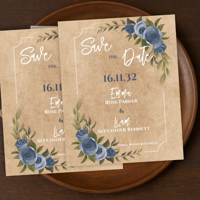 Rosa Floral Azul Rústico Casamento Salve a Data (Rustic Blue Rose Floral Wedding Save the Date)