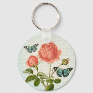 Rosa floral borboleta elegante chaveiro