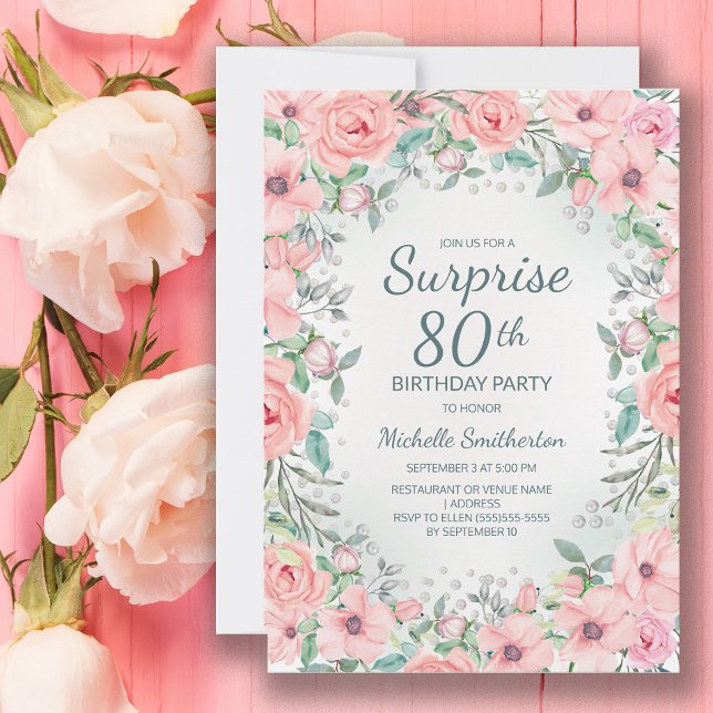 Rosa Floral Cor de Água Rosa Pérolas 80 de Anivers (Blush pink floral surprise 80th birthday party invitation customized with your text.)