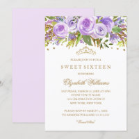 Rosa Floral Dourado Roxo Doce 16 Convite