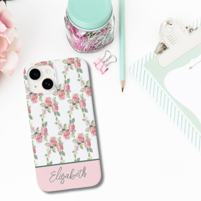 Rosa Floral Monograma Verde Flores (Monogrammed Name Pink Roses Greenery iPhone case)