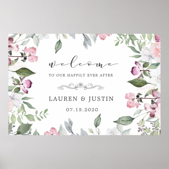 Rosa Garden Floral Wedding Poster de Boas-Vindas (Frente)