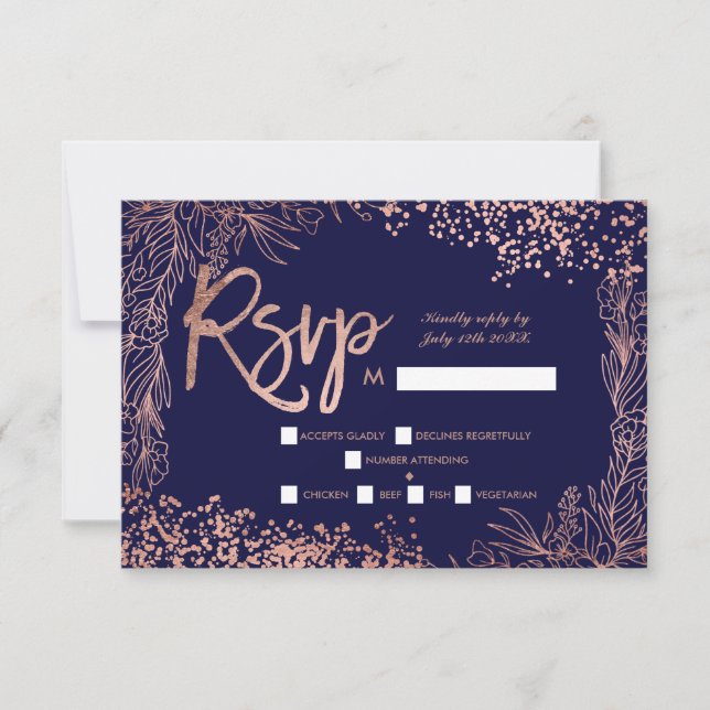 Rosa gold confetti marinho floral, casamento rsvp  (Frente)