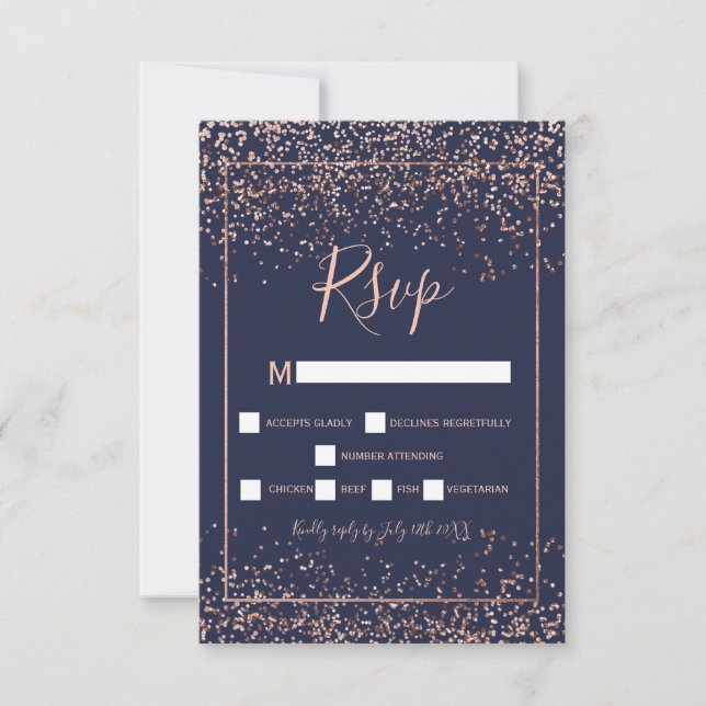 Rosa gold confetti marinho typografia azul rsvp (Frente)