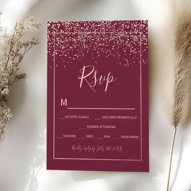 Rosa gold confetti red burgundia tipografia rsvp (Rose gold confetti red burgundy typography rsvp)