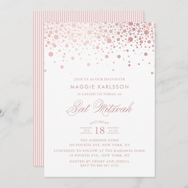 Rosa Gold Foil Confetti Bat Mitzvah Convite (Frente/Verso)