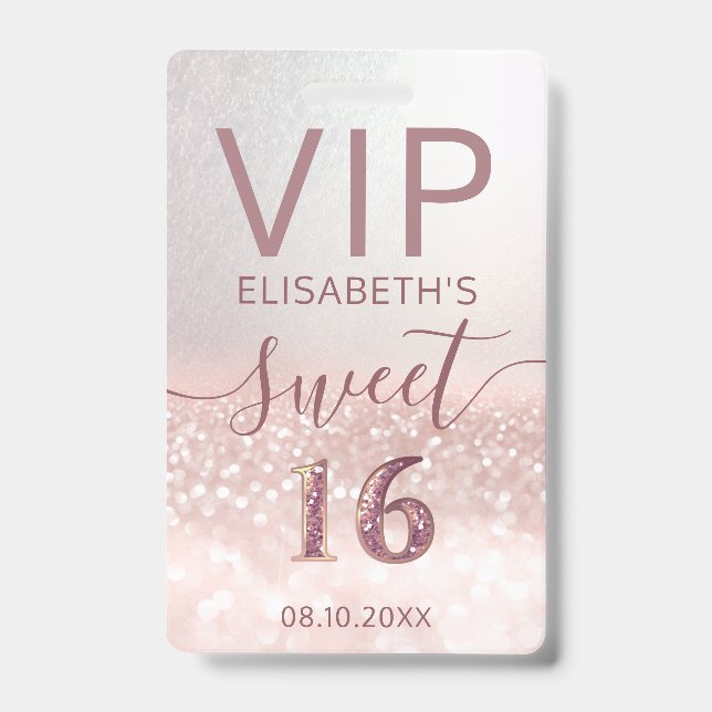 Rosa gold glitter ombre script Sweet 16 VIP Crachá (Frente)
