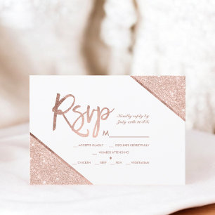 Rosa gold glitter script white rsvp casamento