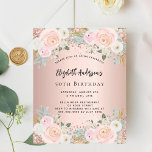 Rosa gold white flores convite de aniversário de o<br><div class="desc">Um convite moderno, na moda e glamouroso para uma festa de aniversário 50ª (ou qualquer idade). Um fundo rosa dourado com flores rosas, rosas. O nome é escrito com um moderno estilo escrito à mão. Personalize e adicione os detalhes da sua festa. 1 folha = 1 convite impresso de borda...</div>
