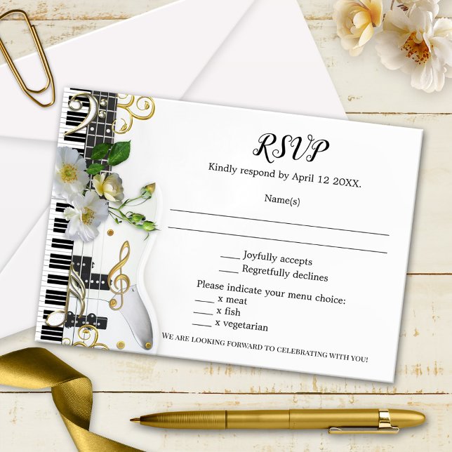 Rosa Guitar Music Themed Weding RSVP Card (Wedding RSVP card featuring a music theme with guitar, keyboard and gold stylized musical notes )