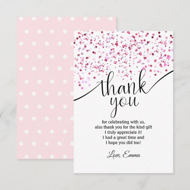 rosa, menina, confete, cartões de agradecimentos (Frente/Verso)