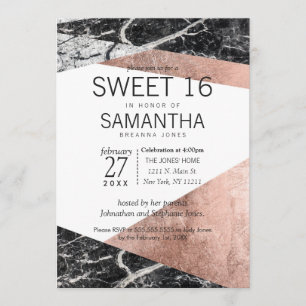 Rosa moderno Dourado e Marble Sweet 16 Convites