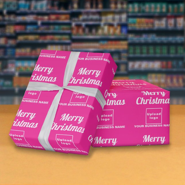 Rosa | Negócios | Papel de embrulho de Natal (Business name and logo with Merry Christmas greeting on pink wrapping paper)