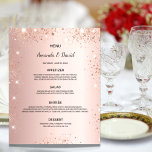 Rosa ouro do Menu Casamento<br><div class="desc">Um menu de casamento elegante. fundo rosa dourado, decorado com faíscas falsas. Modelos para seus nomes, data e menu de casamento.</div>