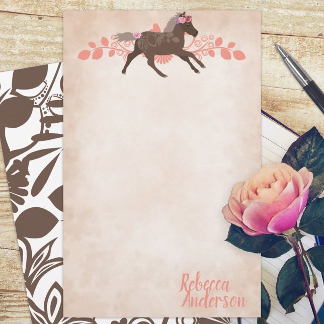 Rosa, Papel de carta Personalizado de Pony Marrom (pink peach brown beige pony budget personalized letter writing stationary paper sheets)