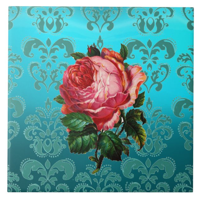 ROSA PINK EM DAMASCO AZUL TEAL Floral (Frente)