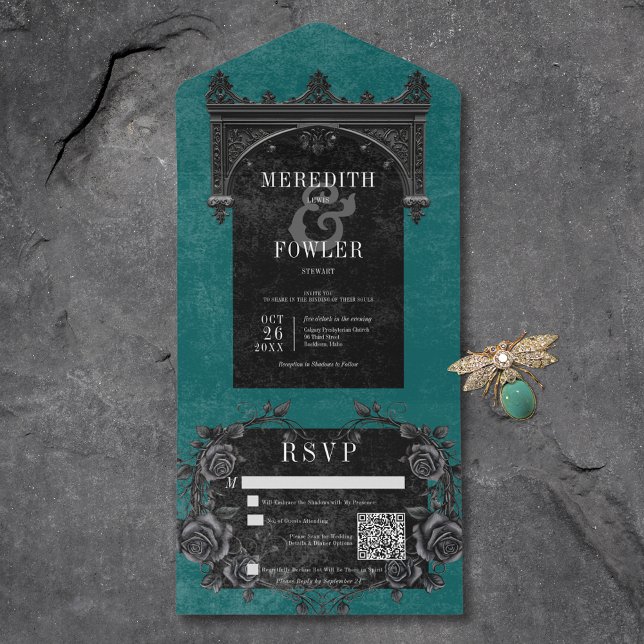 Rosa preto gótico e código QR de cor preto (Gothic Black Arch & Black Roses Teal QR Code All In One Invitation)