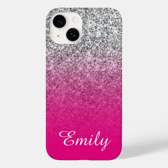 Rosa Quente e Prata Glitter Ombre Personalizado (Verso)