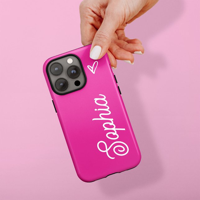 Rosa quente vibrante | Seu nome em script com cora (A colorful, feminine phone case in vibrant hot pink, with your name in trendy script and a heart)