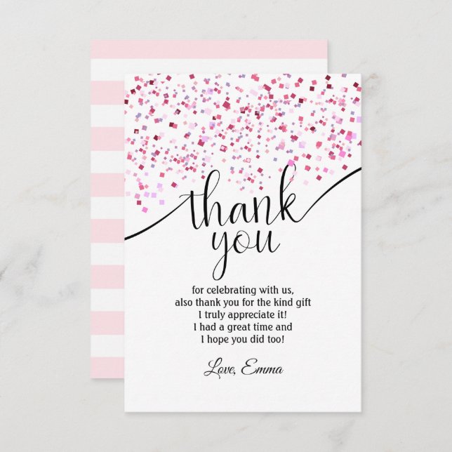 rosa, rapariga, confetes, cartão de agradecimento (Frente/Verso)