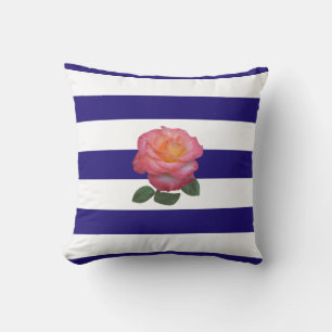 Rosa Rosa em Almofada de Arremesso Listrada Azul-N