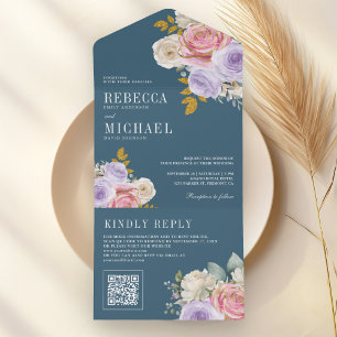 Rosa Roxo Flor QR Code Azul Empoeirado Casamento