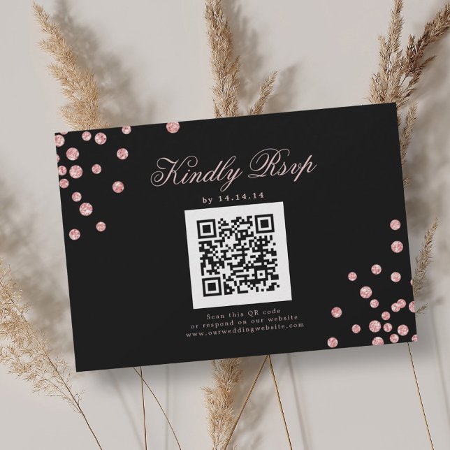 Rosa RSVP de Casamento Elegante Confetti Negro Dou (Elegant Wedding QR RSVP Rose Gold Confetti Black)