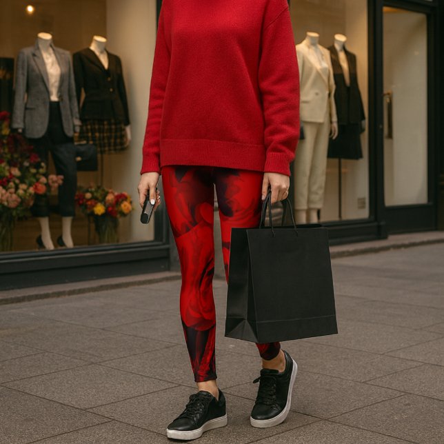 Rosa vermelha com leggings Impressão-all-over pret (Bold red rose leggings meet luxe red cashmere city chic with keys in hand and style in stride.)