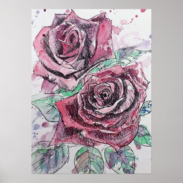 Rosa vermelha de Rosa de Artes por Aquarela Poster (Frente)