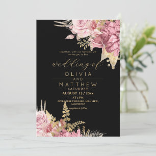 Rosa Vermelha Preto ⎮ Floral Dourado Convite de C