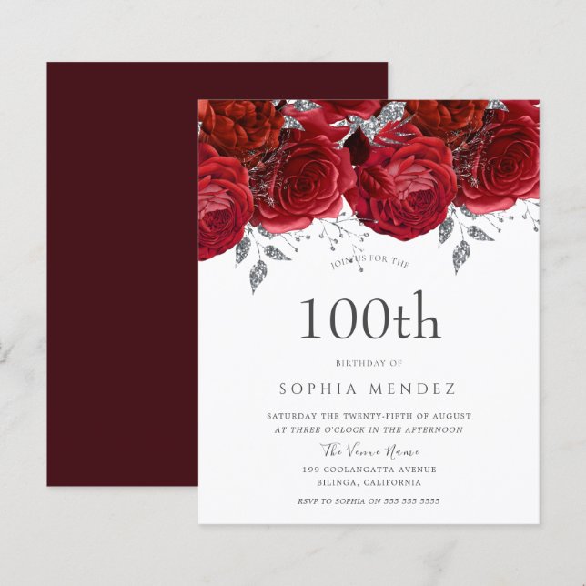Rosa vermelha Romântica Silver 100º Convite de Ani (Frente/Verso)