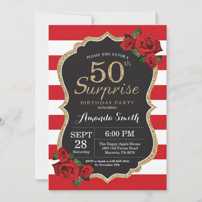 Rosa vermelha surpresa 50º Convite de aniversário  (Frente)
