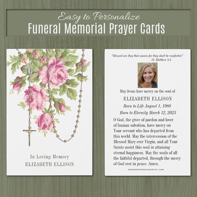 Rosary Funeral Memorial Prayer Rosadas Rosa (Catholic Funeral Memorial Prayer Cards - Easy to Personalize)
