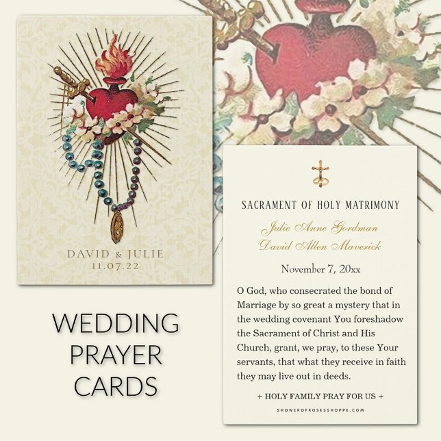 Rosary Mary Coração Cartão de Oração de Casamento  (Traditional Catholic Vintage Wedding prayer cards with the Immaculate Heart of Mary)
