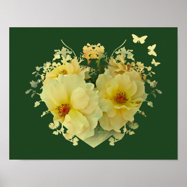 Rosas Amarelas Coração em Poster Verde (Frente)