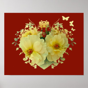 Rosas Amarelas Coração em Poster Vermelho