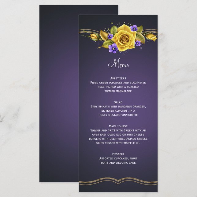 Rosas Amarelas Violetas Roxas Menu Dourado (Frente/Verso)