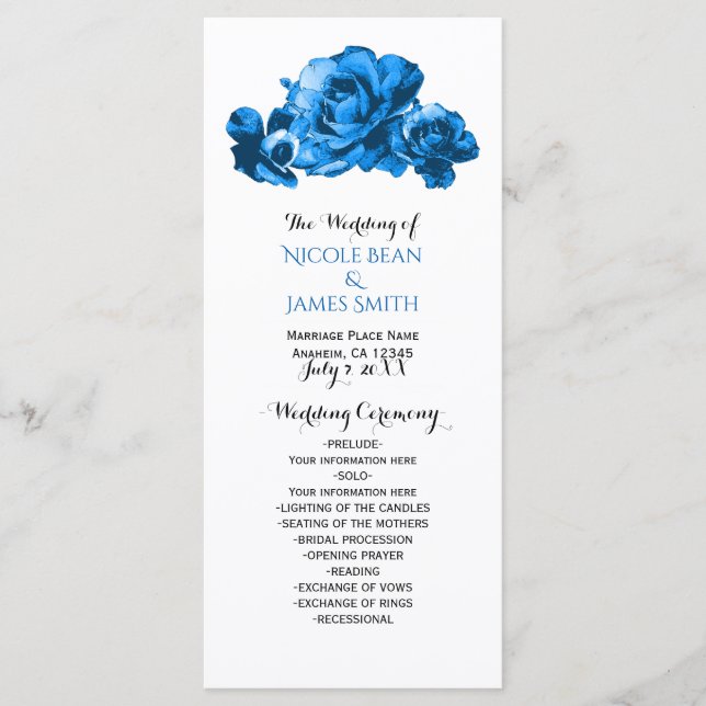 Rosas Aquarela Azul Programa de Casamento Elegante (Frente)