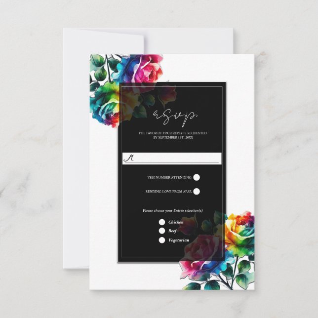 Rosas Arco-íris Preto e Branco RSVP de Casamento F (Frente)