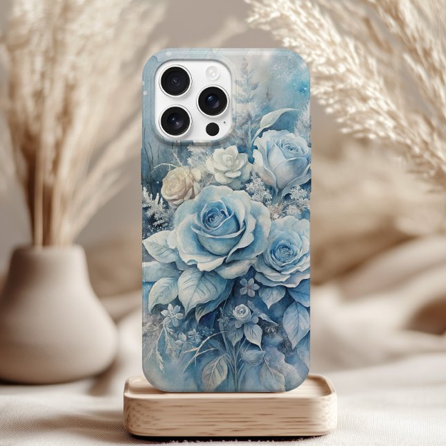 Rosas Azuis de Inverno - Floral de Gelo Elegante (Winter Blue Roses - Elegant Ice Floral iPhone Case on a neutral boho table)