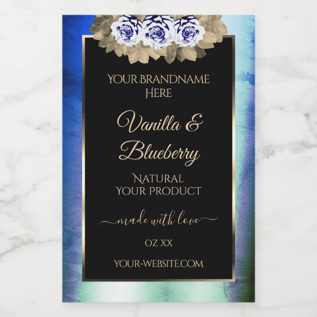 Rosas Azuis Florais Rótulo de Produto Preto Frame (Rótulo Único)