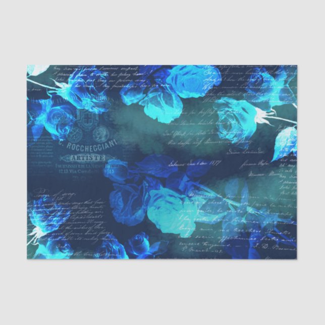 Rosas Azuis Vintage Papel Tecido Ephemera Escuro (Frente )