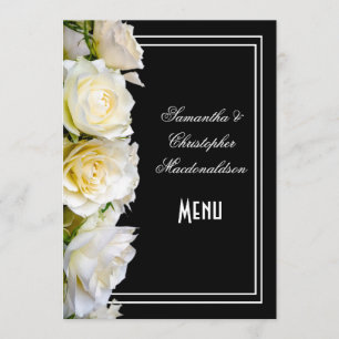 Rosas brancas no menu de casamento floral preto