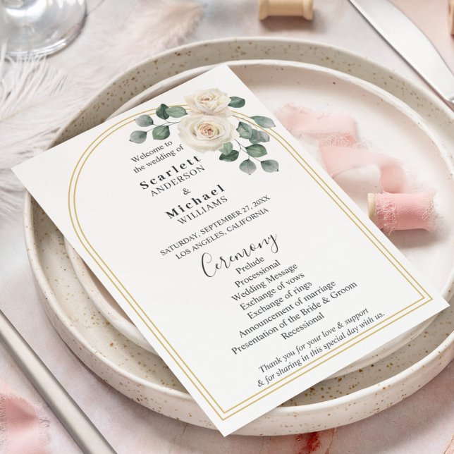 Rosas Brancas Primavera Floral Romântico Casamento (Angled view watercolor white roses garden vintage gold and white elegant luxury wedding program)