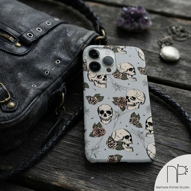 Rosas Caveiras Cinza Vintage (vintage gray skulls roses case-mate iphone 14 pro max case with hand-drawn ink art for gothic style )