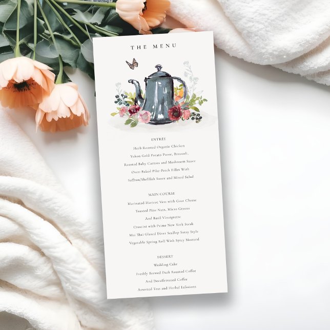 Rosas Cheerful Chamada Floral Teapot Menu Card (Criador carregado)