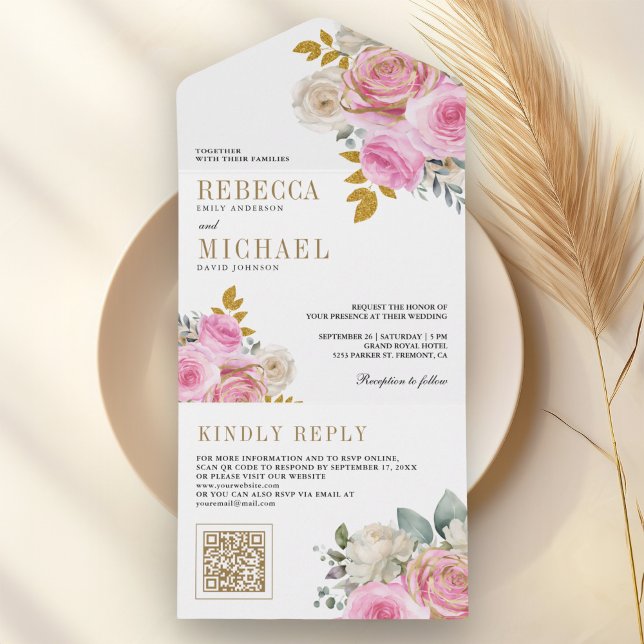 Rosas Cor-de-Rosa Suave Código QR Floral Casamento (Criador carregado)